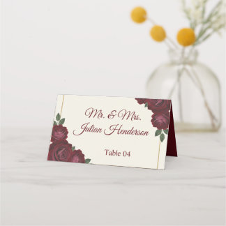 Burgundy Floral & Gold Folded Wedding Place Card Platzkarte