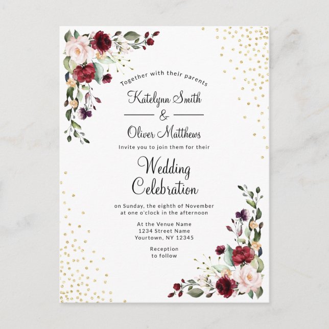 Burgundy Floral Gold Folie Wasserfarbenprägung Einladungspostkarte (Vorderseite)