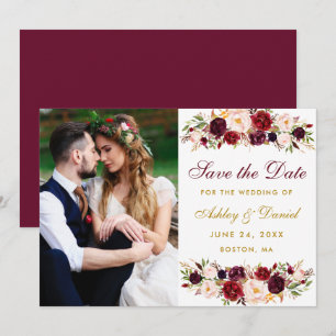 Burgundy Floral Gold Foto Save the Date