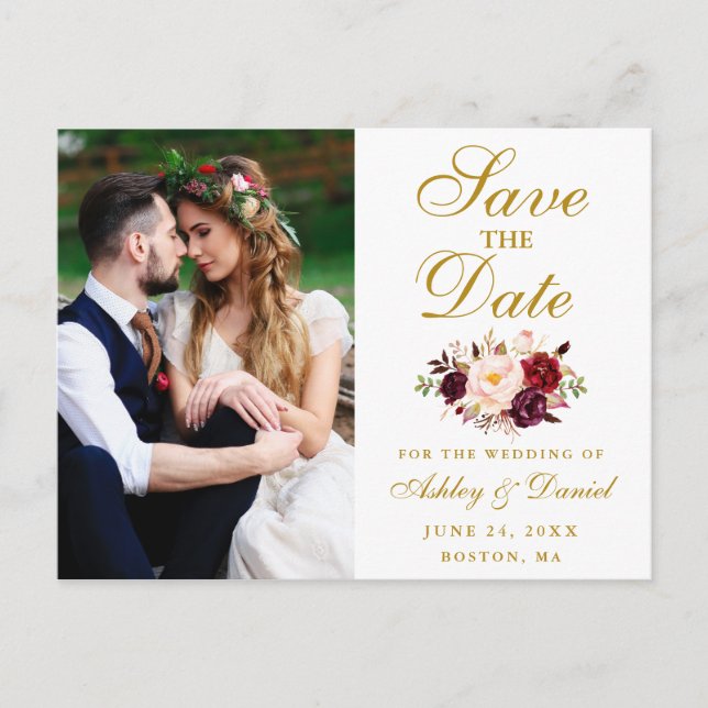 Burgundy Floral Gold Foto Save the Date Postkarte (Vorderseite)