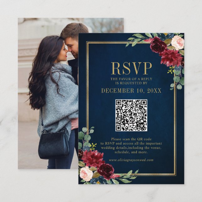 Burgundy Floral Gold Frame Navy Blue QR Code UAWG RSVP Karte (Vorne/Hinten)