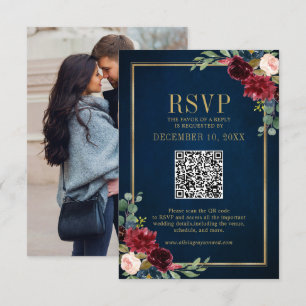 Burgundy Floral Gold Frame Navy Blue QR Code UAWG RSVP Karte