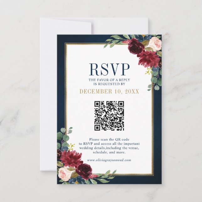 Burgundy Floral Gold Frame Navy Blue QR Code UAWG RSVP Karte (Vorderseite)