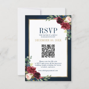 Burgundy Floral Gold Frame Navy Blue QR Code UAWG RSVP Karte