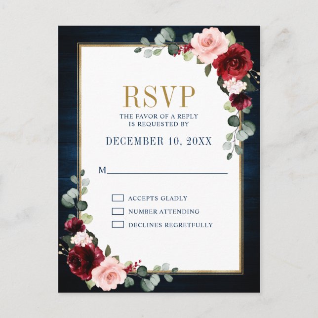 Burgundy Floral Gold Frame Navy Blue Wedding Postc Postkarte (Vorderseite)