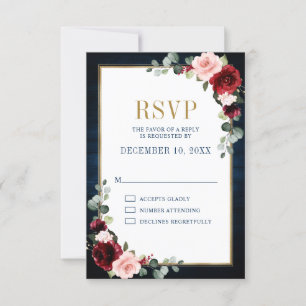 Burgundy Floral Gold Frame Navy Blue Wedding RSVP