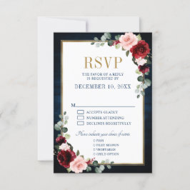 Burgundy Floral Gold Frame Navy Blue Wedding RSVP