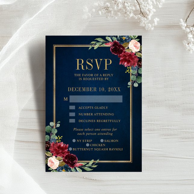 Burgundy Floral Gold Frame Navy Blue Wedding RSVP (Burgundy Floral Gold Frame Navy Blue Wedding RSVP )