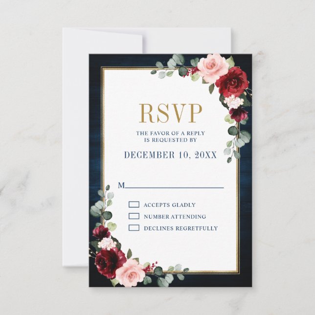 Burgundy Floral Gold Frame Navy Blue Wedding RSVP Karte (Vorderseite)