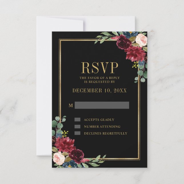 Burgundy Floral Gold Frame Navy Blue Wedding RSVP Karte (Vorderseite)