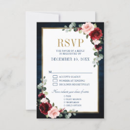 Burgundy Floral Gold Frame Navy Blue Wedding RSVP Karte