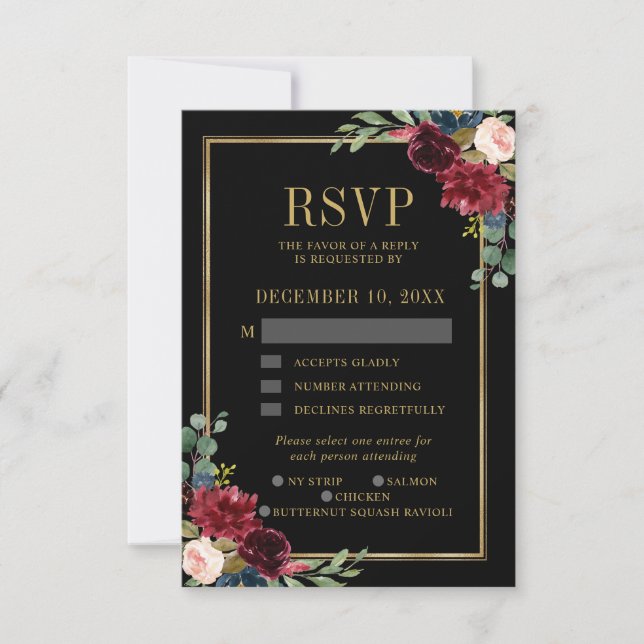 Burgundy Floral Gold Frame Navy Blue Wedding RSVP Karte (Vorderseite)