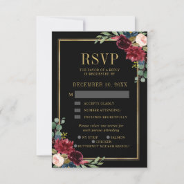 Burgundy Floral Gold Frame Navy Blue Wedding RSVP Karte