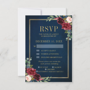 Burgundy Floral Gold Frame Navy Wedding RSVP Karte