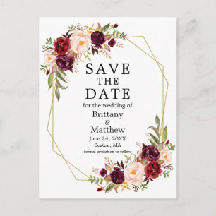 Burgundy Floral Gold Geo Frame Save the Date Postkarte