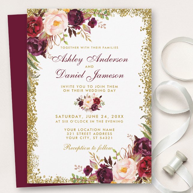Burgundy Floral Gold Glitzer Hochzeitseinladung B Einladung (Customize to change text color, style, add text & photos to back or change color of back of card.)