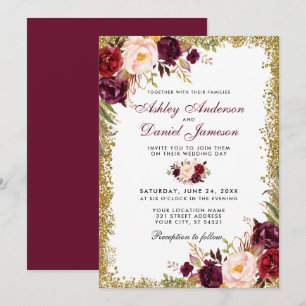 Burgundy Floral Gold Glitzer Hochzeitseinladung GB Einladung
