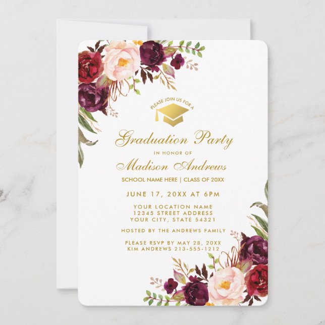Burgundy Floral Gold Graduation Party Einladung R (Vorderseite)