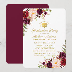 Burgundy Floral Gold Graduation Party lädt RBB ein Einladung