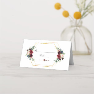 Burgundy Floral Gold Hexagon Frame Tischnummer Platzkarte