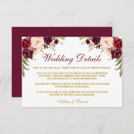 Burgundy Floral Gold Hochzeitdetails Beipackkarte Begleitkarte