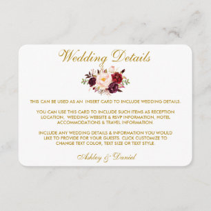Burgundy Floral Gold Hochzeitdetails Beipackkarte Begleitkarte