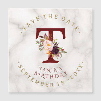 Burgundy Floral Gold Marmor Geburtstag Save the Da Magneteinladung