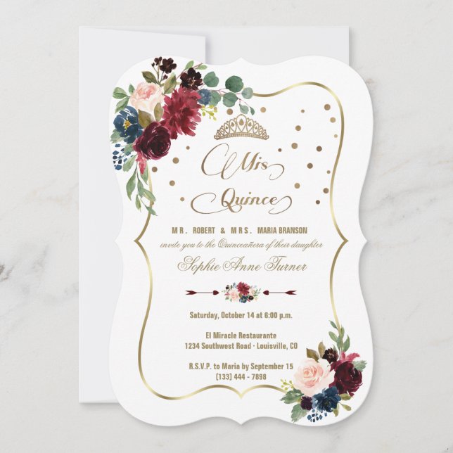 Burgundy Floral Gold Mis Quince Script Quinceañera Einladung (Vorderseite)