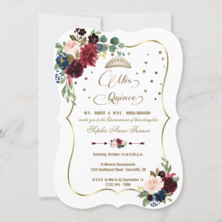 Burgundy Floral Gold Mis Quince Script Quinceañera Einladung