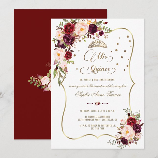 Burgundy Floral Gold Mis Quince Script Quinceañera Einladung (Vorne/Hinten)