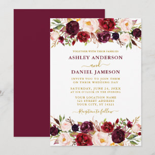 Burgundy Floral Gold Moderne Hochzeit Einladung
