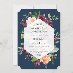 Burgundy Floral Gold Navy Blue Geometric Wedding Einladung