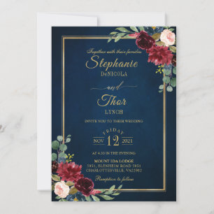 Burgundy Floral Gold Navy Blue Rustic Wedding Invi Einladung