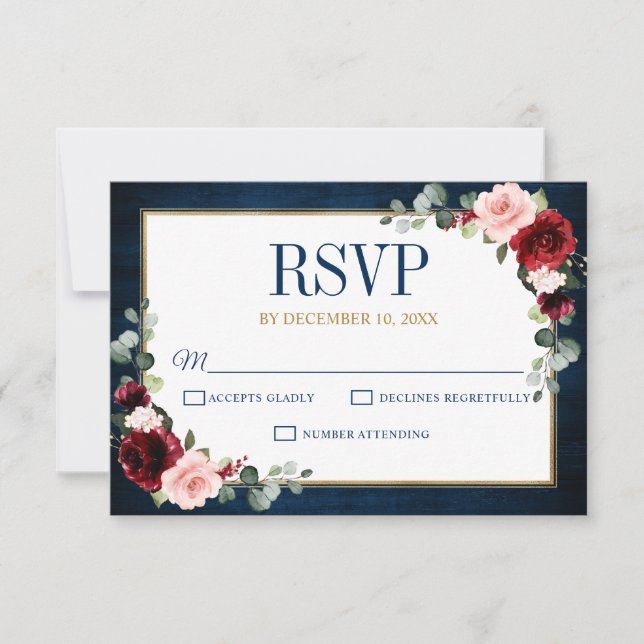 Burgundy Floral Gold Navy Blue Rustic Wedding RSVP Karte (Vorderseite)