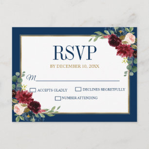 Burgundy Floral Gold Navy Blue Rustic Wedding RSVP Postkarte