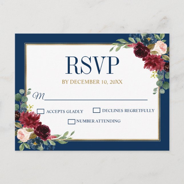Burgundy Floral Gold Navy Blue Rustic Wedding RSVP Postkarte (Vorderseite)
