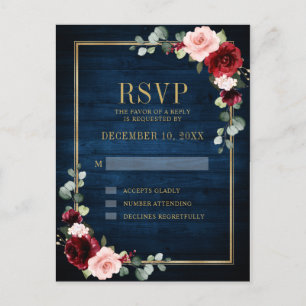 Burgundy Floral Gold Rahmen Navy Blue Wedding Postkarte