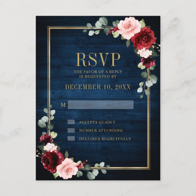 Burgundy Floral Gold Rahmen Navy Blue Wedding Postkarte (Vorderseite)