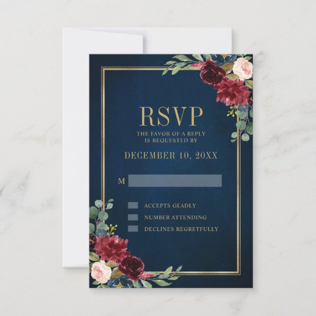 Burgundy Floral Gold Rahmen Navy Blue Wedding RSVP Karte (Vorderseite)