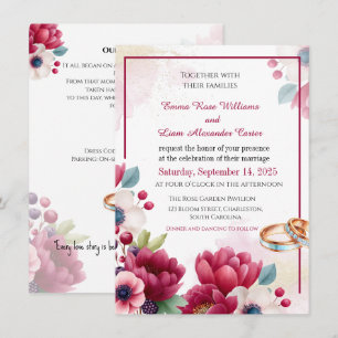 Burgundy Floral & Gold Rings Elegantes Hochzeitsin Einladung