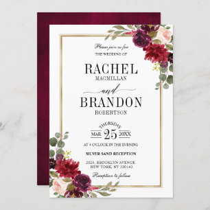 Burgundy Floral Gold Rustikale Hochzeit Einladung