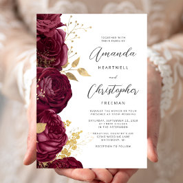 Burgundy Floral Gold Script Wedding Einladung