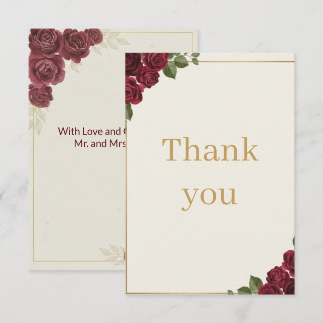 Burgundy Floral Gold Script Wedding Thank You Card Dankeskarte (Vorne/Hinten)