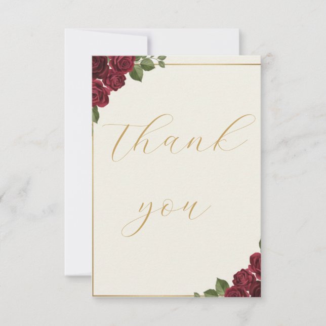 Burgundy Floral Gold Script Wedding Thank You Card Dankeskarte (Vorderseite)
