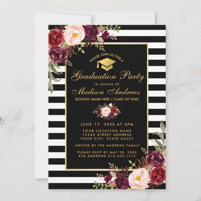 Burgundy-Floral-Gold-Striped Graduation Party Einladung (Vorderseite)
