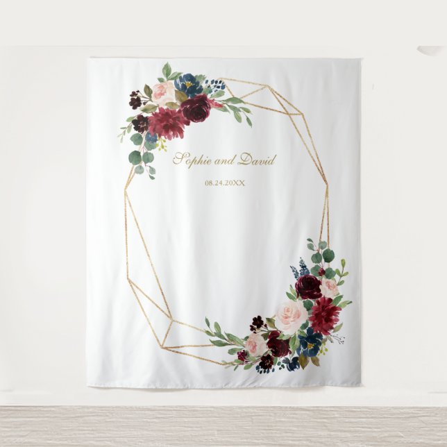 Burgundy Floral Gold Wedding Foto Stand Hintergrun Wandteppich (Vorderseite)