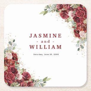 Burgundy Floral Gold Wedding Rechteckiger Pappuntersetzer