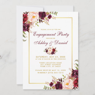 Burgundy Floral Gold Wedding Verlobung Einladung B