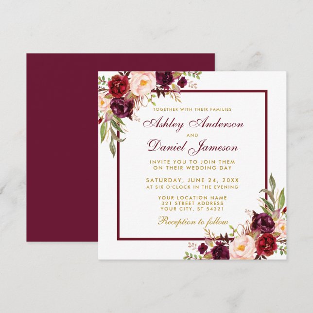 Burgundy Floral Gold Wedite Card B Einladung (Vorne/Hinten)