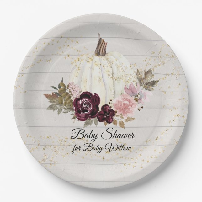 Burgundy Floral Gold White Pumpkin Baby Dusche Pappteller (Vorderseite)
